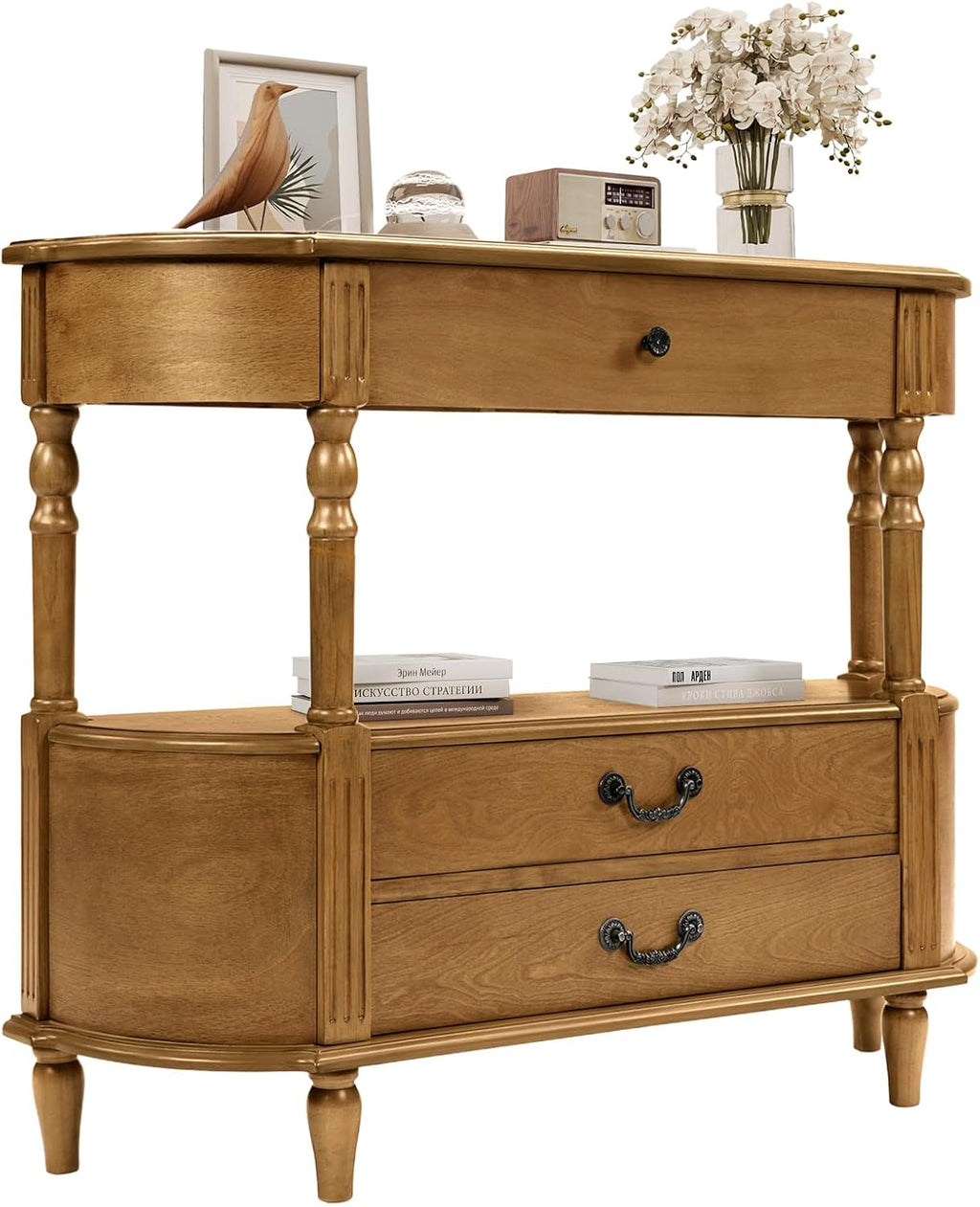 Retro Curved Console Table, 43' Solid Wood Half Moon Console Table Entryway Table Sofa Table with Open Shelf Curved Corners 3 Drawers Pine Roman Legs for Living Room,Hallway,Entryway,Brown