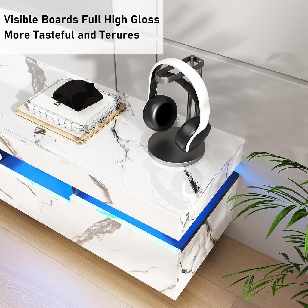Uspeedy 70IN White TV Stand for 75/80 inch TV,Modern LED TV Stand for Living Room,High Gloss Entertainment Center with Storage Drawer,APP RGB Light,TV Console,Television Stands(Marbling)