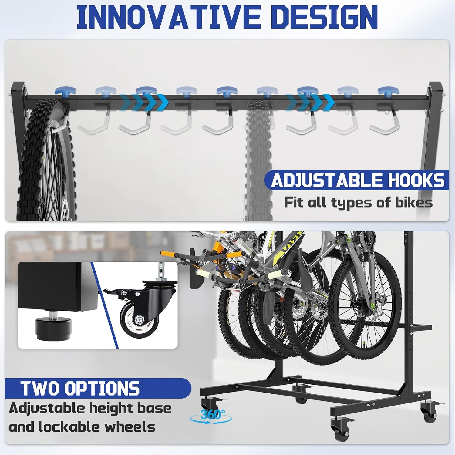 Freestanding Bike Rack with Caster Vertical Bike Storage Stand for Garage Indoor Bicycle Organizer Holds Up to 5 Bikes