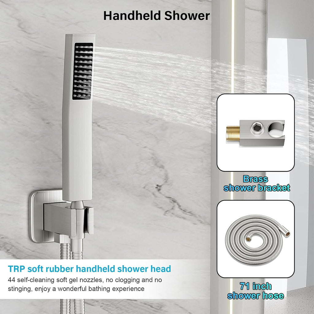 FPXRNG Shower Faucet Set Bathroom Square Rain Shower Head and Handle Set, Wall Mounted Shower Fixtures, Full Metal Trim Repair Kit 12 inch Brushed Nickel (With Shower Valve)