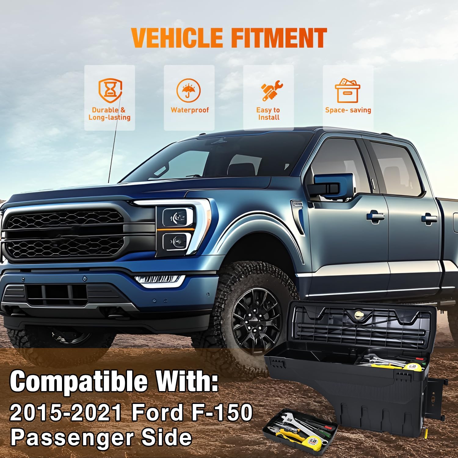 Nilight Truck Bed Tool Box Right Passenger Side Truck Tool Box Fit for Ford F-150 2015-2021 ABS Swing Case Truck Bed Storage Box with Lockable Lid Waterproof Wheel Well Toolbox Black