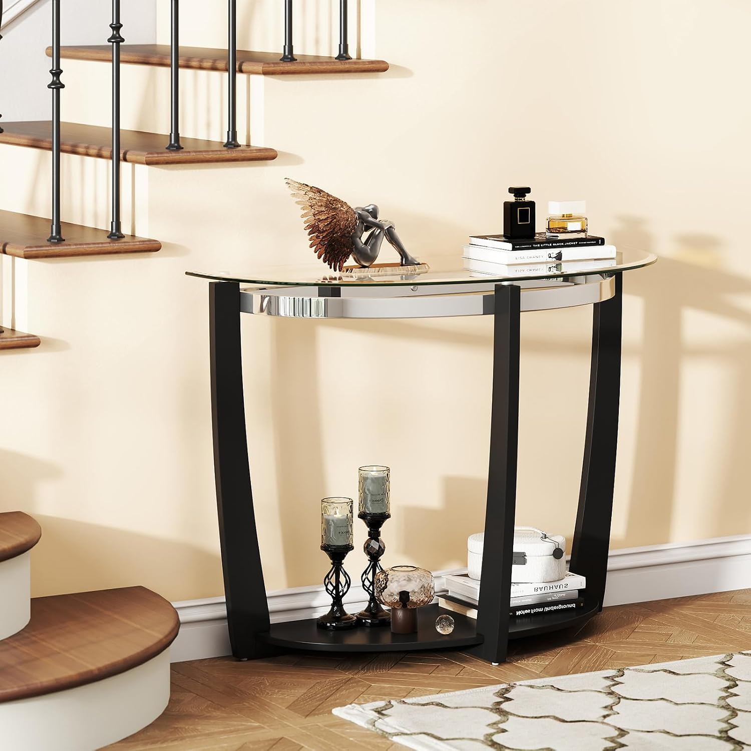 Giantex 2-Tier Glass Console Table, Half Moon Modern Entryway Table with Tempered Glass Top & Open Storage Shelf, Narrow Long Sofa Table for Living Room, Hallway, Foyer, Entrance (Black)