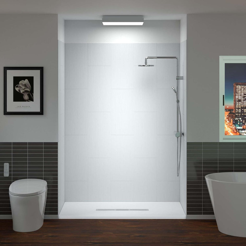 WOODBRIDGE 60 in. L x 36 in. W x 75 in. H Alcove Solid Surface Shower Combo Kits with Glue Up Shower Walls in Matte White and Curbless Shower Base with Center Drain in Black