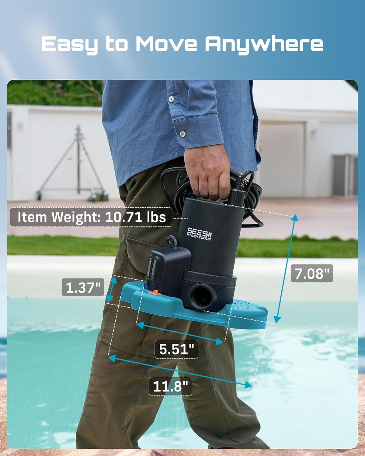 SEESII 1/3HP Pool Cover Pump - Automatic On/Off, 3035GPH Submersible Water Pump with Filter Net, 25ft Power Cord, Check Valve, Sump Pump for Swimming Pool, Hot Tubs, Pond, Basement, Rooftops