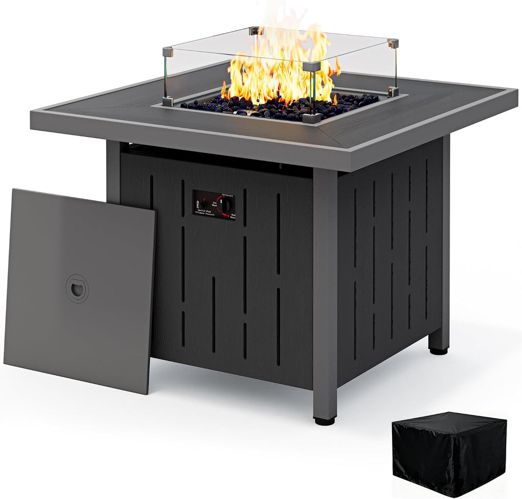 SERWALL 33' Outdoor Fire Pit Table, 50,000 BTU Square Propane Fire Pit Table with Lid, Glass Rock & Glass Wind Guard, HDPE Outdoor Furniture for Patio, Garden, Backyard, Black