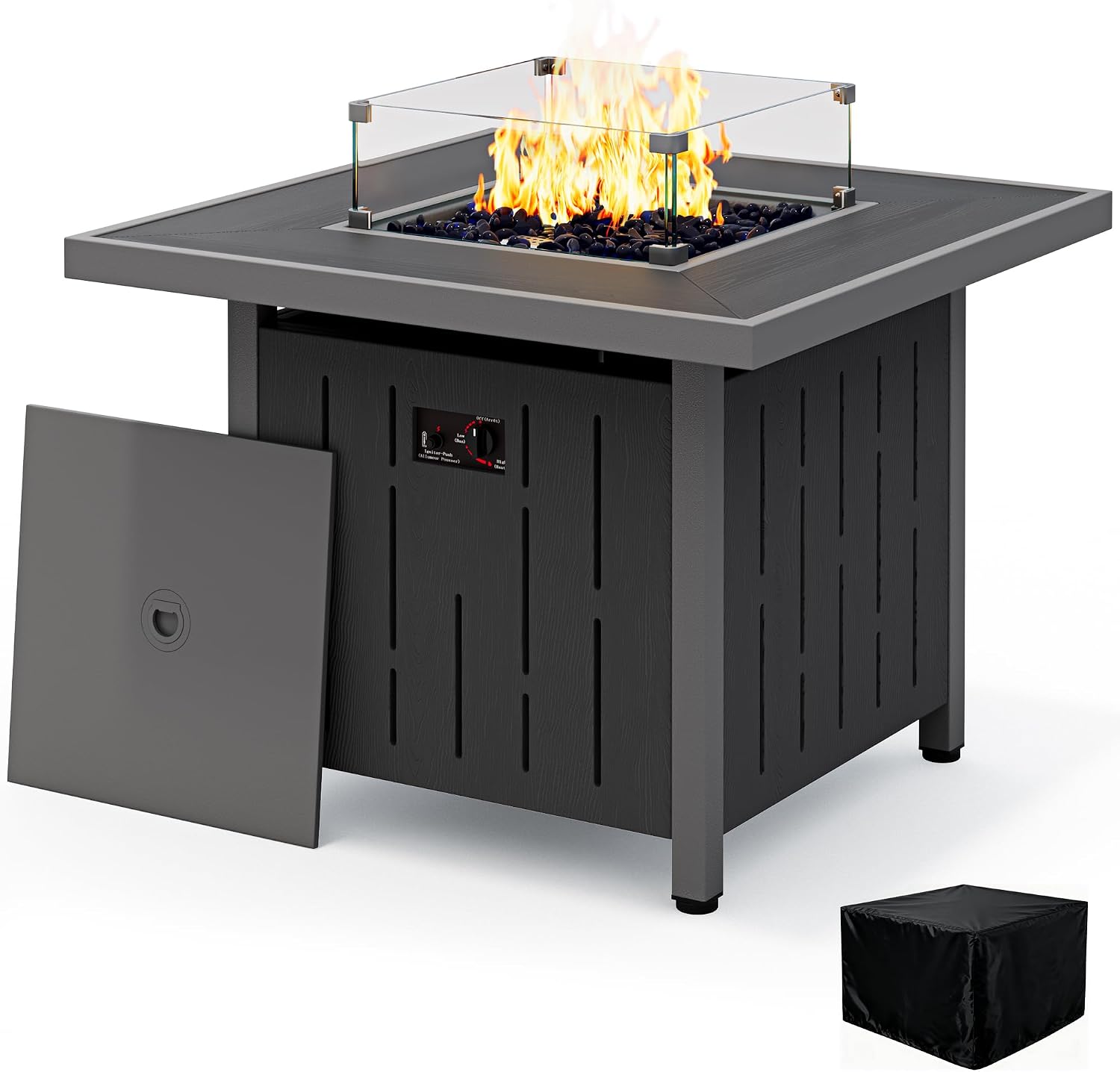 SERWALL 33' Outdoor Fire Pit Table, 50,000 BTU Square Propane Fire Pit Table with Lid, Glass Rock & Glass Wind Guard, HDPE Outdoor Furniture for Patio, Garden, Backyard, Black