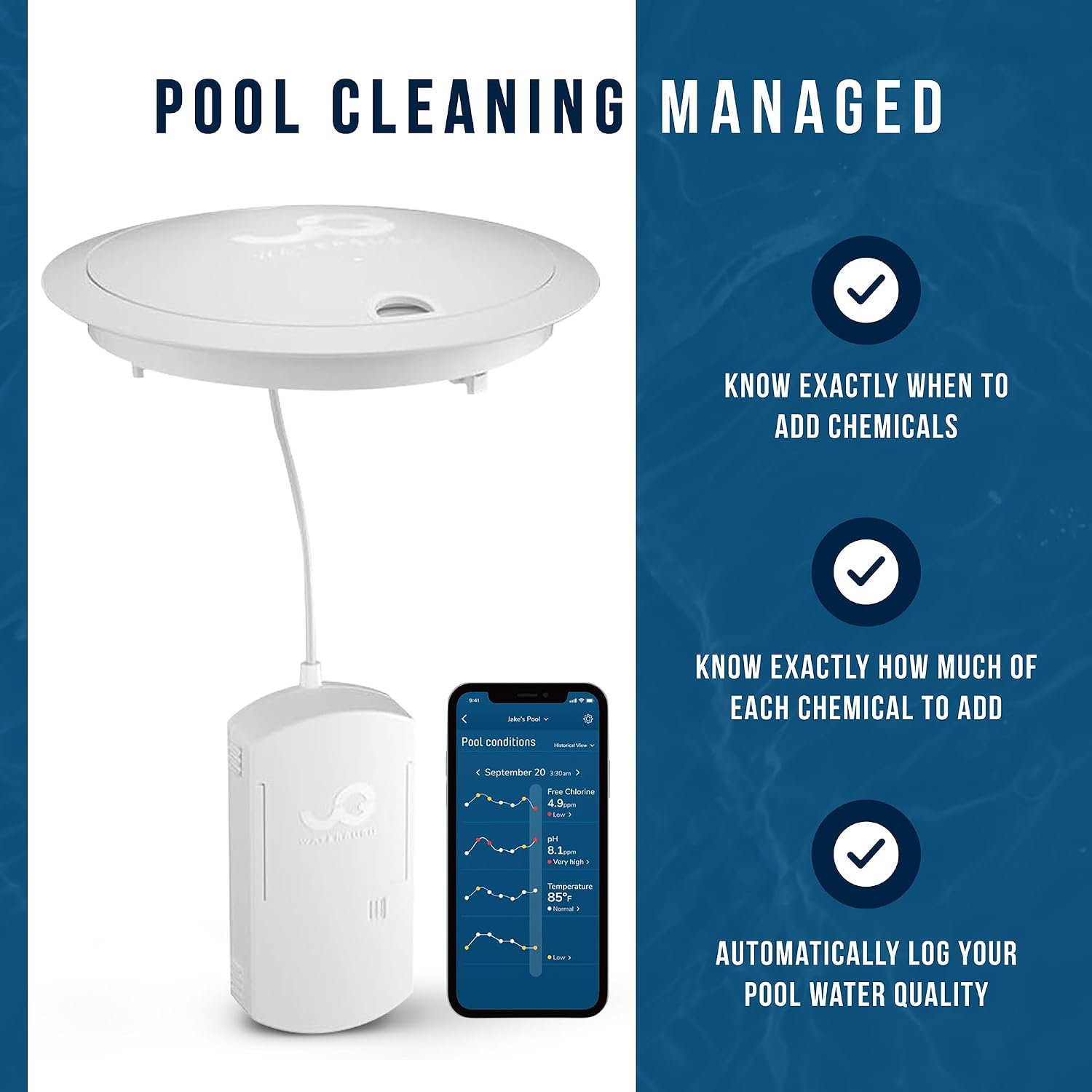WaterGuru Sense S2 Smart Pool Monitor – Digital Pool & Spa Water Tester for Chlorine, pH, CYA & Alkalinity – Wi-Fi Enabled – Includes C5 Cassette, Float Ring & Batteries