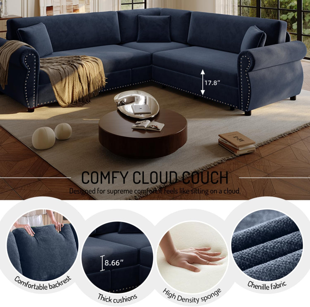 88.2' Sectional Sleeper Sofa with Pull Out Bed - Oversize L-Shaped Convertible Sleeper Couch Bed, Button Tufted Chesterfield Sofa, Chenille Vintage Couches for Living Room/Apartment(4-Seater, Blue)