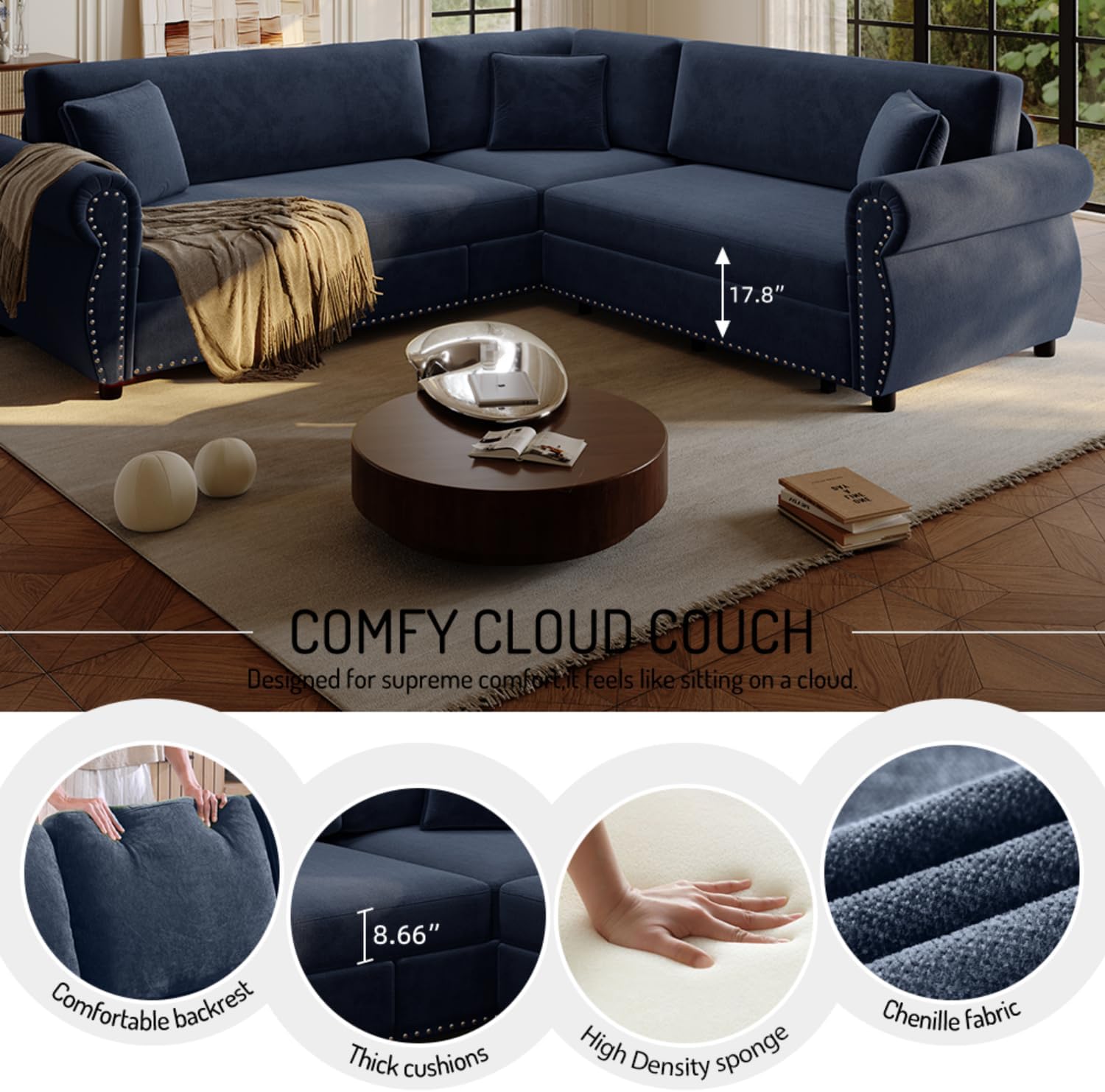88.2' Sectional Sleeper Sofa with Pull Out Bed - Oversize L-Shaped Convertible Sleeper Couch Bed, Button Tufted Chesterfield Sofa, Chenille Vintage Couches for Living Room/Apartment(4-Seater, Blue)