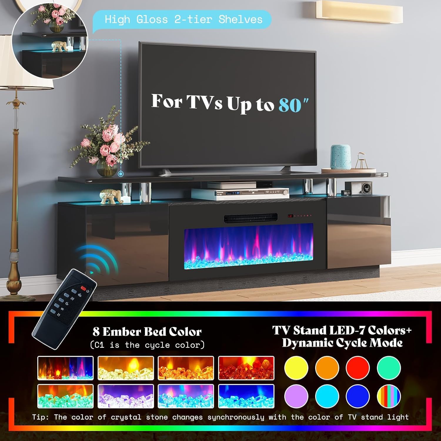 AMERLIFE Fireplace TV Stand with 36' Fireplace, 70' Modern Fireplace Entertainment Center LED Lights, 2 Tier TV Console Cabinet for TVs Up to 80', Obsidian Black