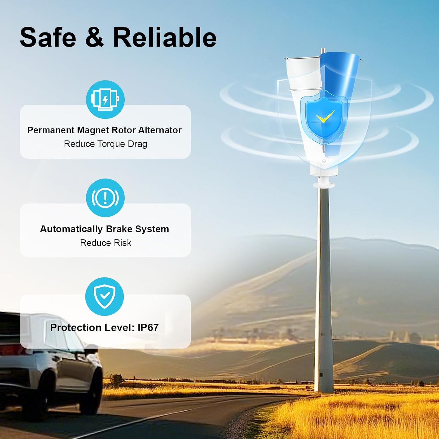 Wind Turbine Wind Turbine Generator Kit Vertical Axis Wind Turbine Generator with Controller and 2 Blades Automatic Wind Direction Adjustment for Home, Yacht, Gazebo 500W 12V