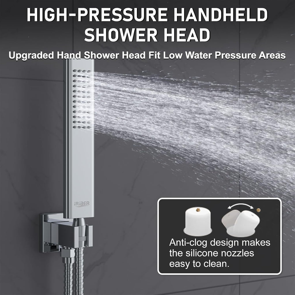 Iriber 12 Inch Bathroom Shower System Polish Chrome Wall Mounted Square Mixer Shower Faucet Combo Set with Hand Held Rough-in Valve Rainfall Shower and Trim