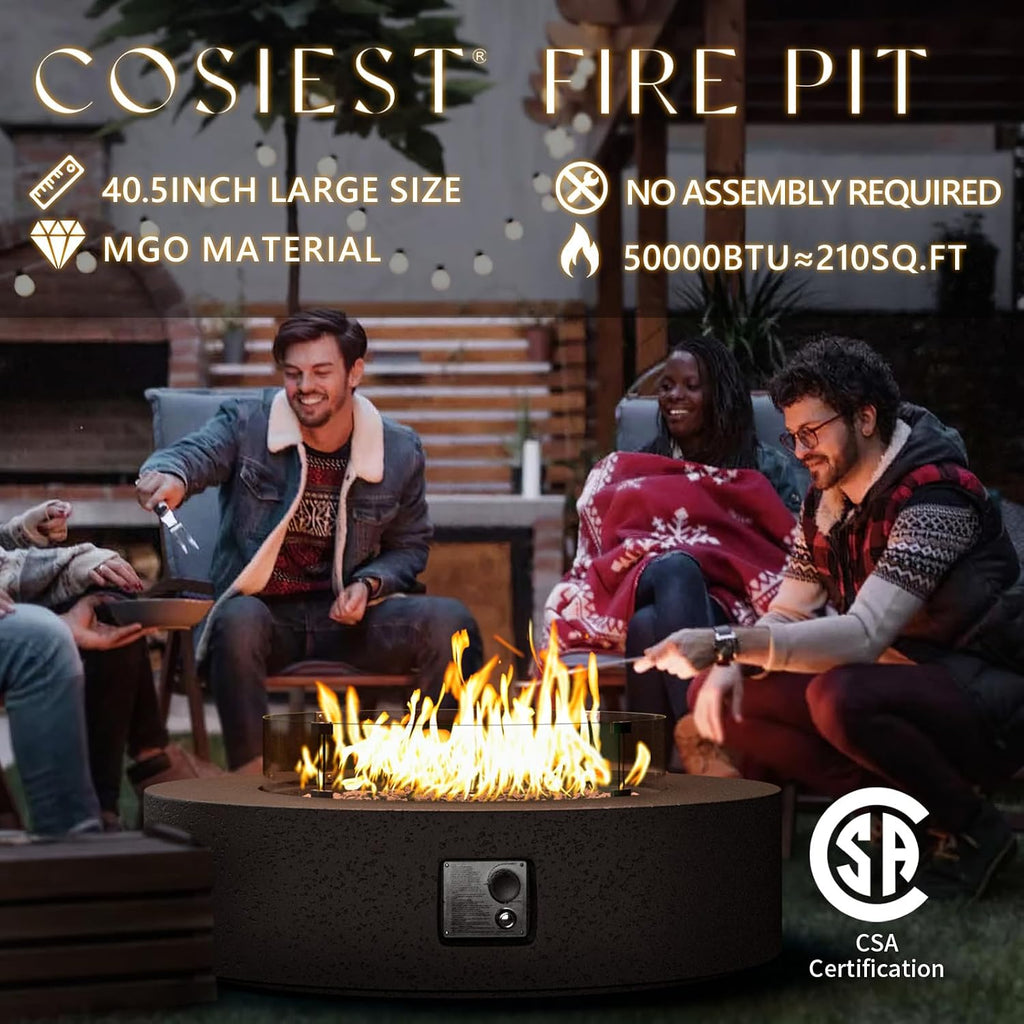 COSIEST 42 inch Outdoor Propane Fire Pit Coffee Table w Concrete Round Base Patio Heater, Certified, 50,000 BTU Stainless Steel Burner, Free Lava Rocks, Rain Cover, Wind Guard, Tank Cover