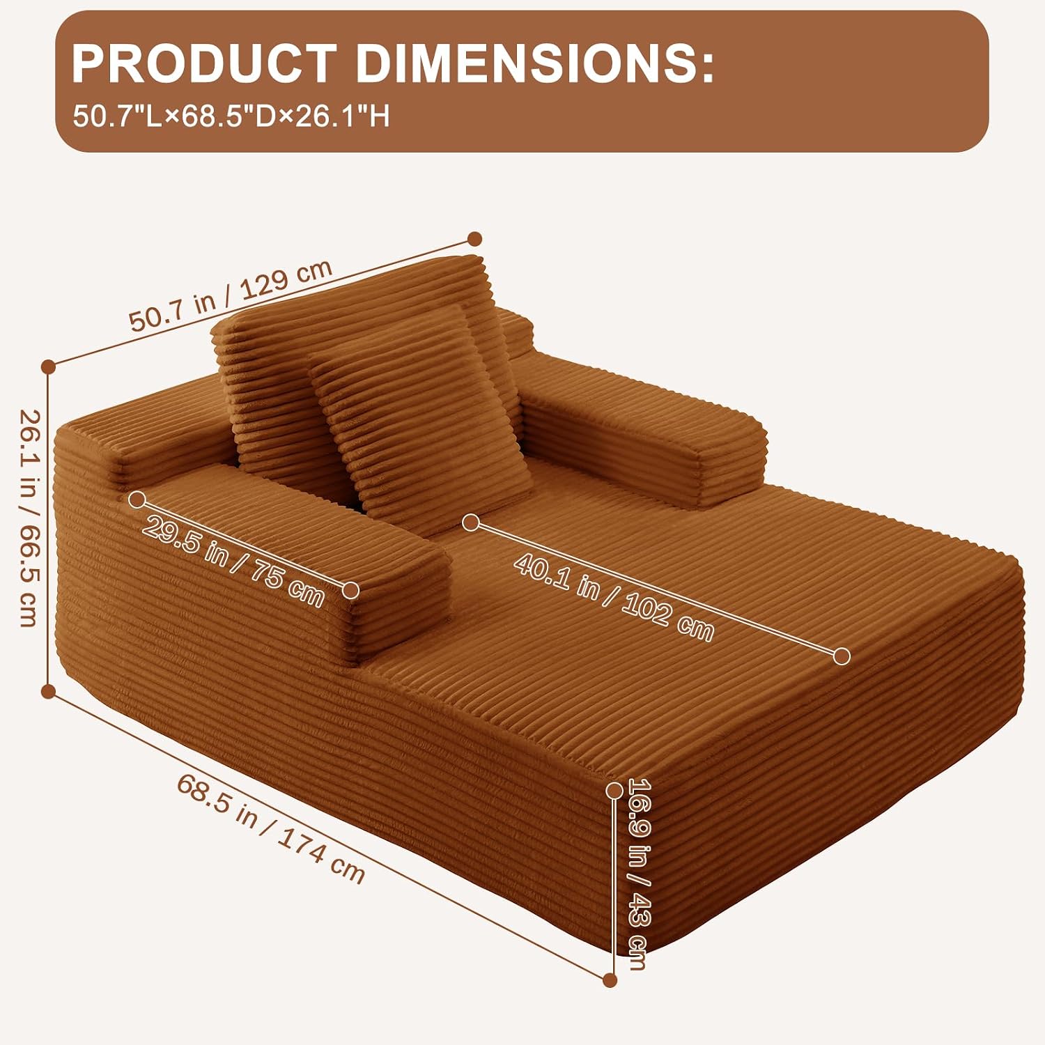 67.5 Inch Oversized Indoor Chaise Lounge, Sofa Bed, Living Room Couch, Corduroy Sofa, Couches for Living Room, Deep Seat Sleeper Couch Reading Chairs (Brown)