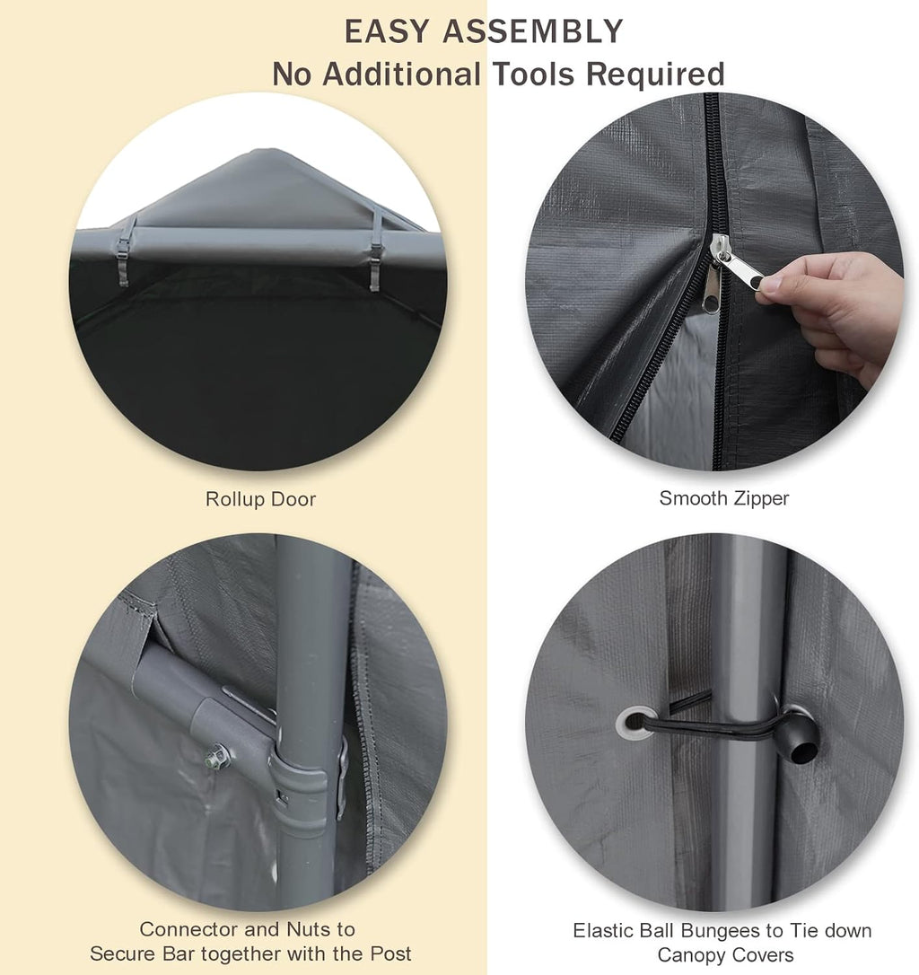 Gardesol Storage Shelter, 6x8 ft Portable Shed Outdoor Carport with Roll-up Zipper Door, Waterproof and UV Resistant Outdoor Storage Shed for Bike, ATV, Motorcycle Shelter, Gray