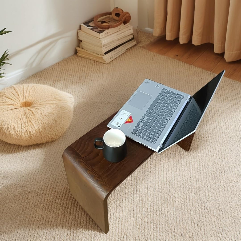 Simple C Shaped End Table Couch Side Table, Item Placement Computer Office Side Table, Solid Wood Frame for Living Room Bedroom Side Tables, Walnut Color (Set of 2)