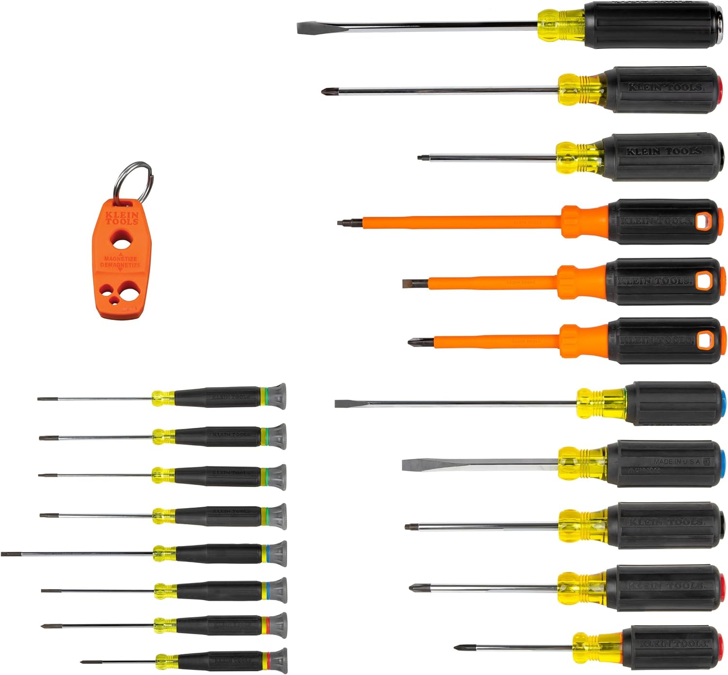 Klein Tools 85820 20-Piece Screwdriver Set, 8 Precision, 7 Standard Drivers with Color-Coded Handles, 3 Insulated Screwdrivers, 1 Demolition Driver, and Magnetizer
