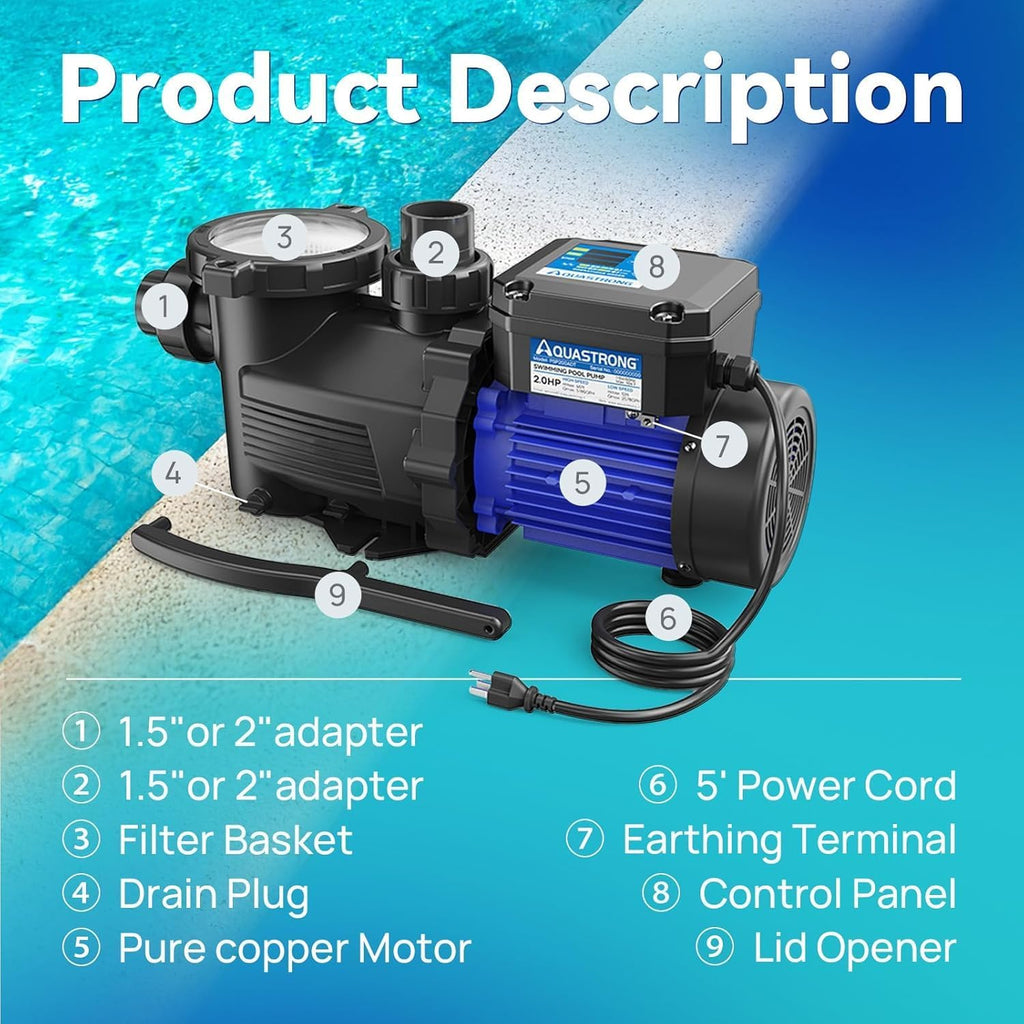 Aquastrong In/Above Ground Pool Pump Dual Speed with Timer High Flow Self Primming Swimming Pool Pump,Blue