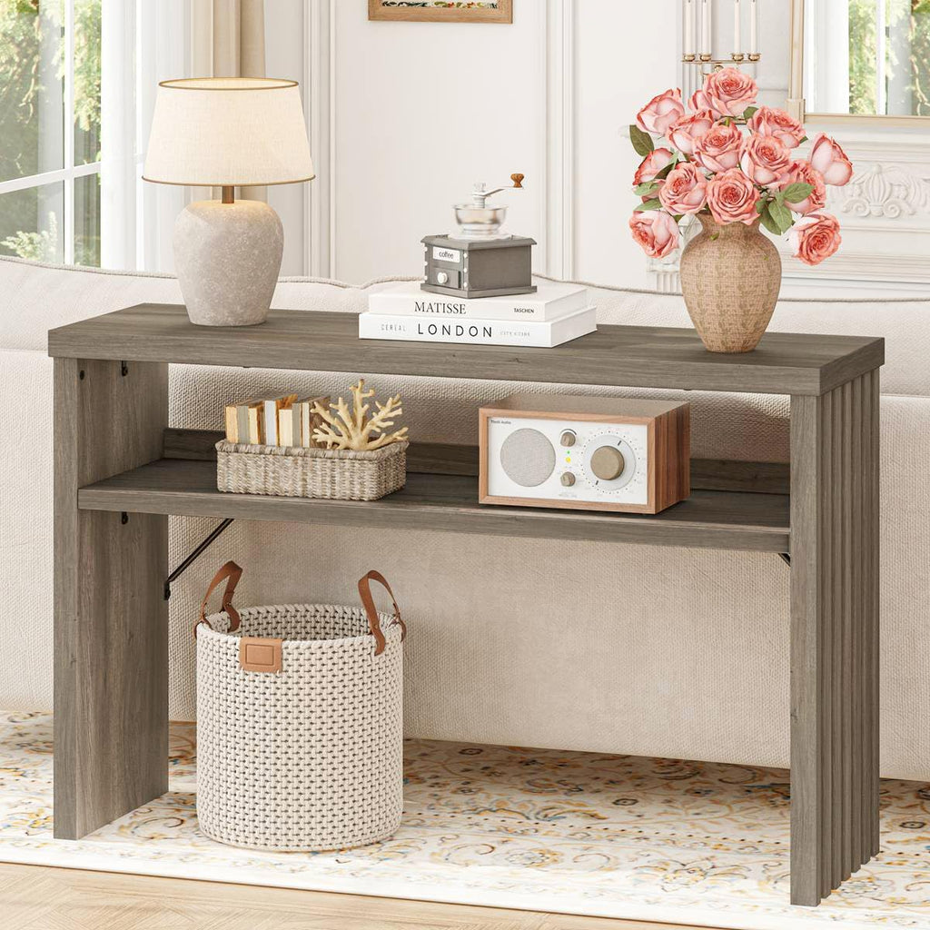 BON AUGURE Sofa Console Table, Wood Entryway Table, Grey Behind Couch Tables with Open Storage, Modern Narrow Hallway Tables (Greige Oak, 47 Inches)