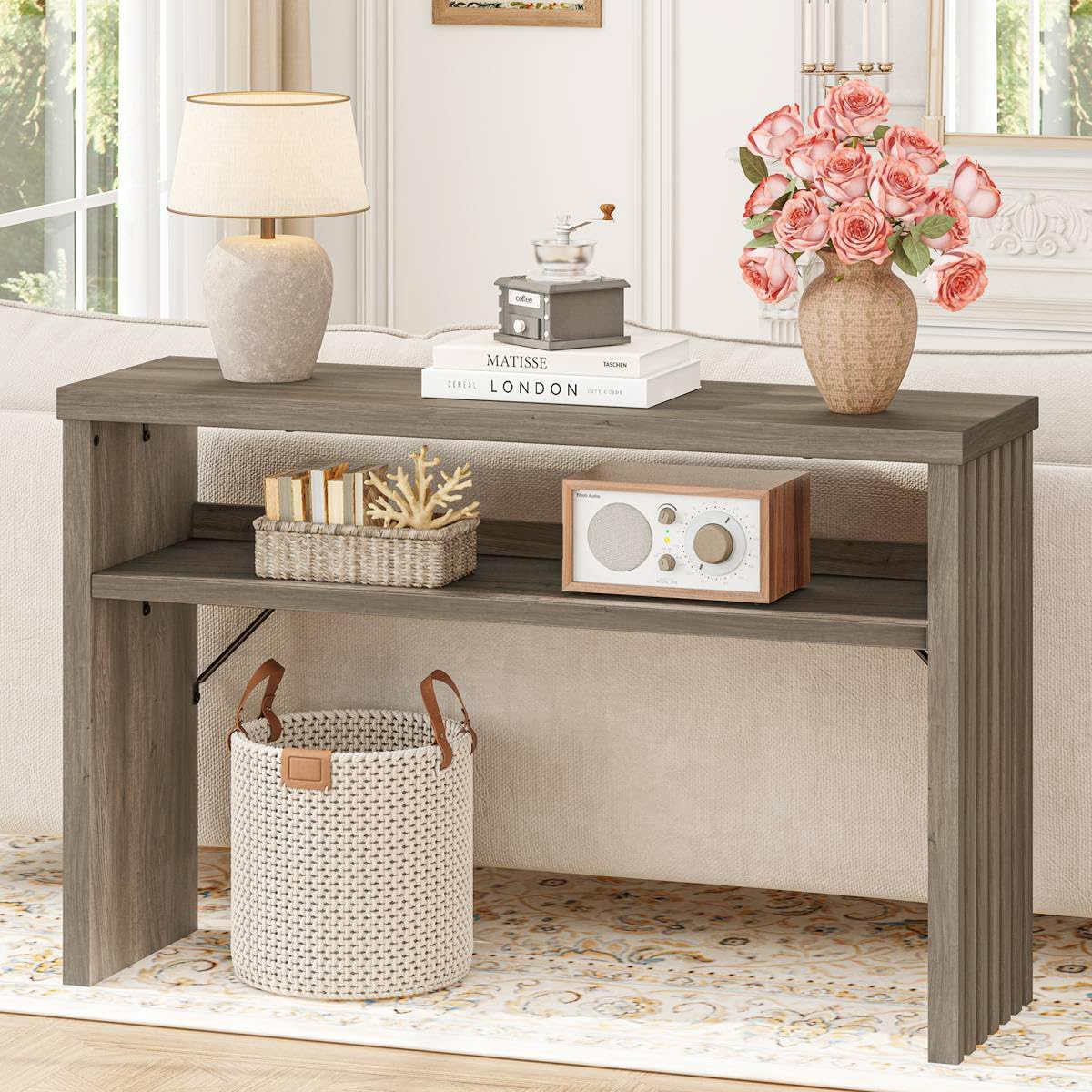 BON AUGURE Sofa Console Table, Wood Entryway Table, Grey Behind Couch Tables with Open Storage, Modern Narrow Hallway Tables (Greige Oak, 47 Inches)