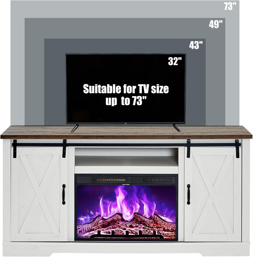 AMERLIFE Fireplace TV Stand with Sliding Barn Door for TVs up to 73', Farmhouse 63' Fireplace Entertainment Center with Storage Cabinets/Adjustable Shelves, Distressed White & Barnwood