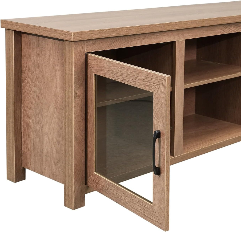 Flash Furniture Sheffield TV Stand for up to 80' TVs - Modern Walnut Finish & Full Glass Doors - 65' Engineered Wood Frame - 3 Height Adjustable Shelves