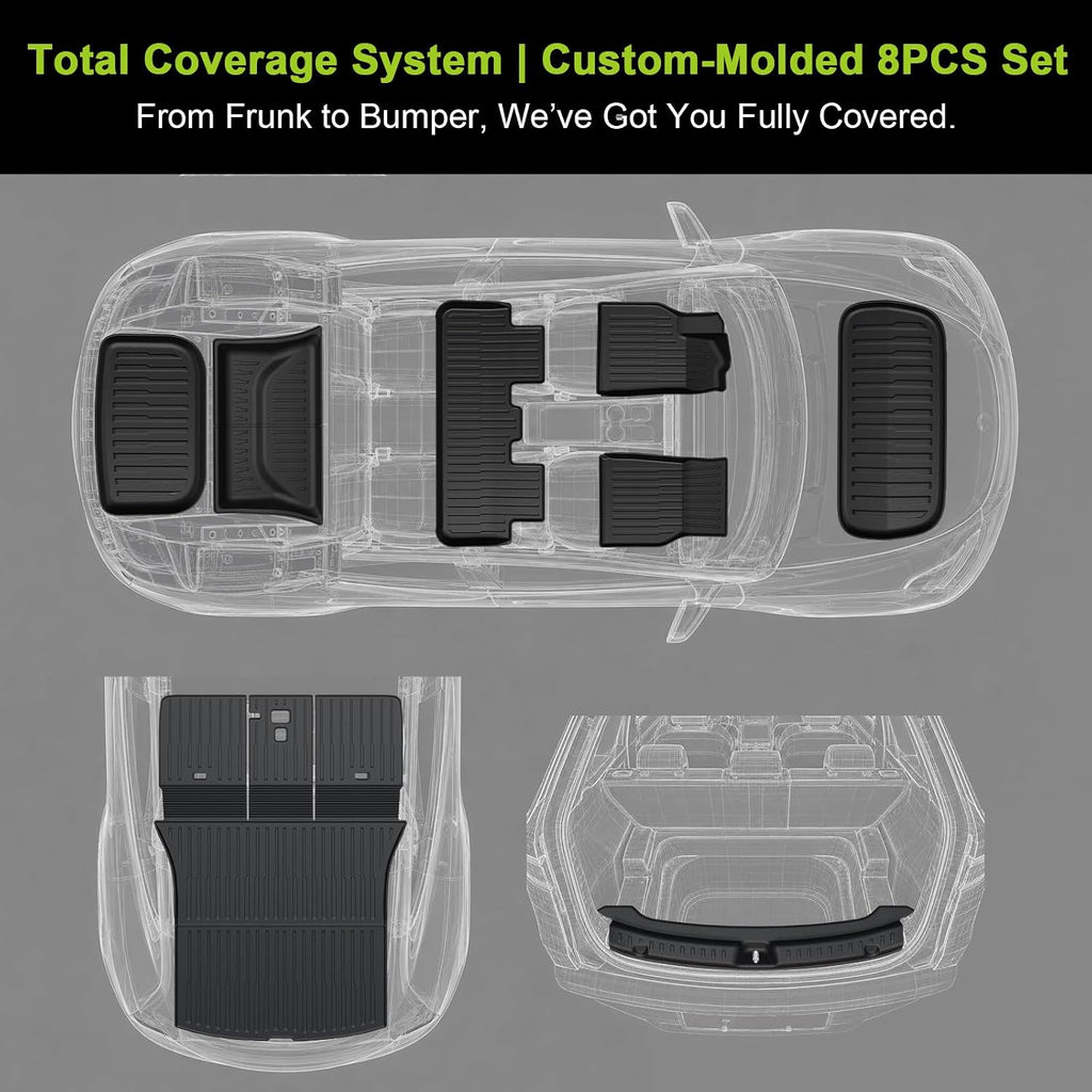 Floor Mats for 2025 2026 Tesla Model Y Juniper, 8PCS All Weather Full Set Cargo Liners Accessories, 3D TPE Odorless Trunk Frunk Rear Mats & Trunk Sill Guard for 5-Seater (Not Fit 7-Seat & Standard)