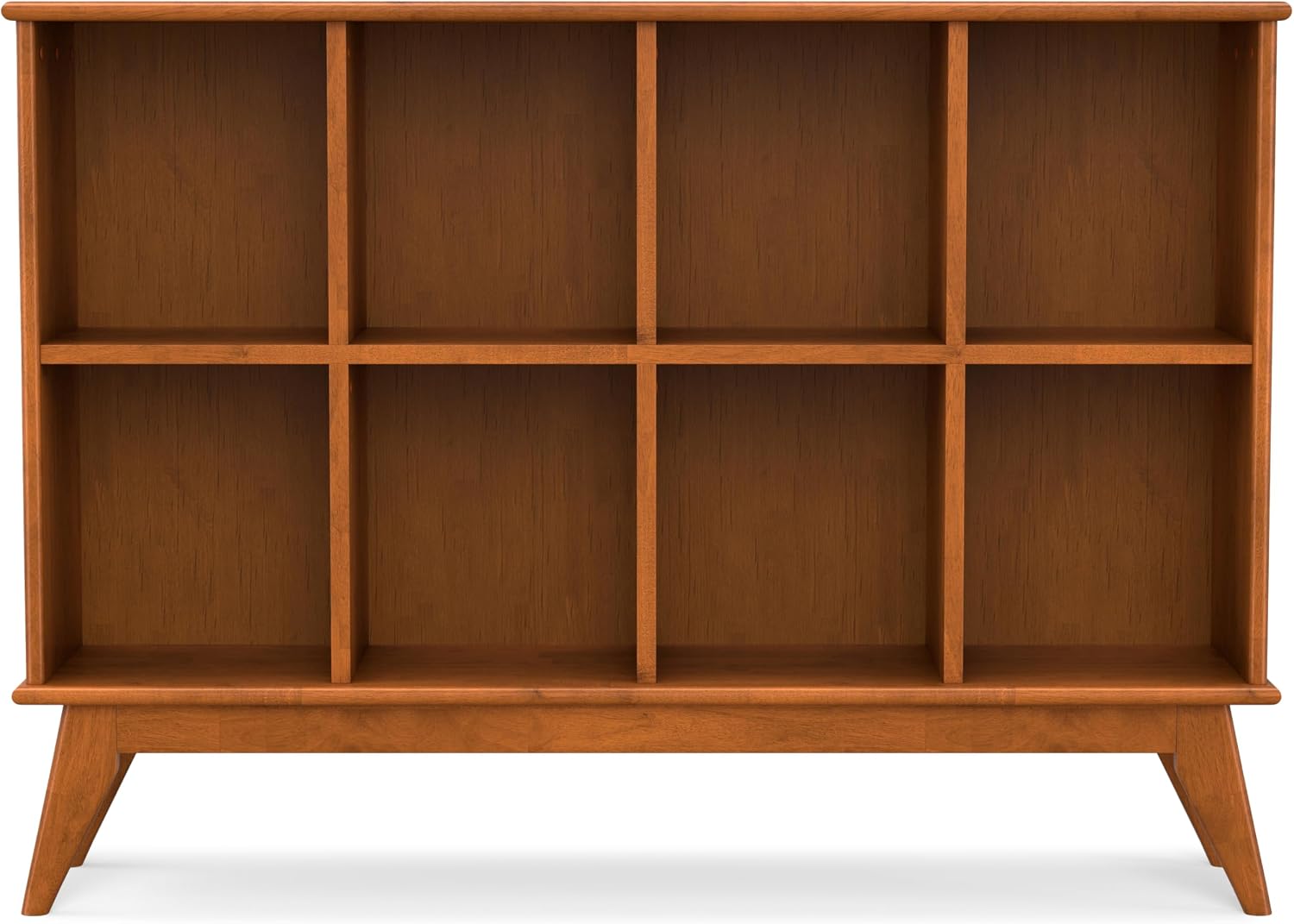 SIMPLIHOME Draper Console Table - 57 Inch Wide Solid Hardwood 8-Cube Sofa Table in Teak Brown, Mid-Century Modern Bookcase for Entryway or Living Room with 8 Open Storage Cubbies and Tapered Legs
