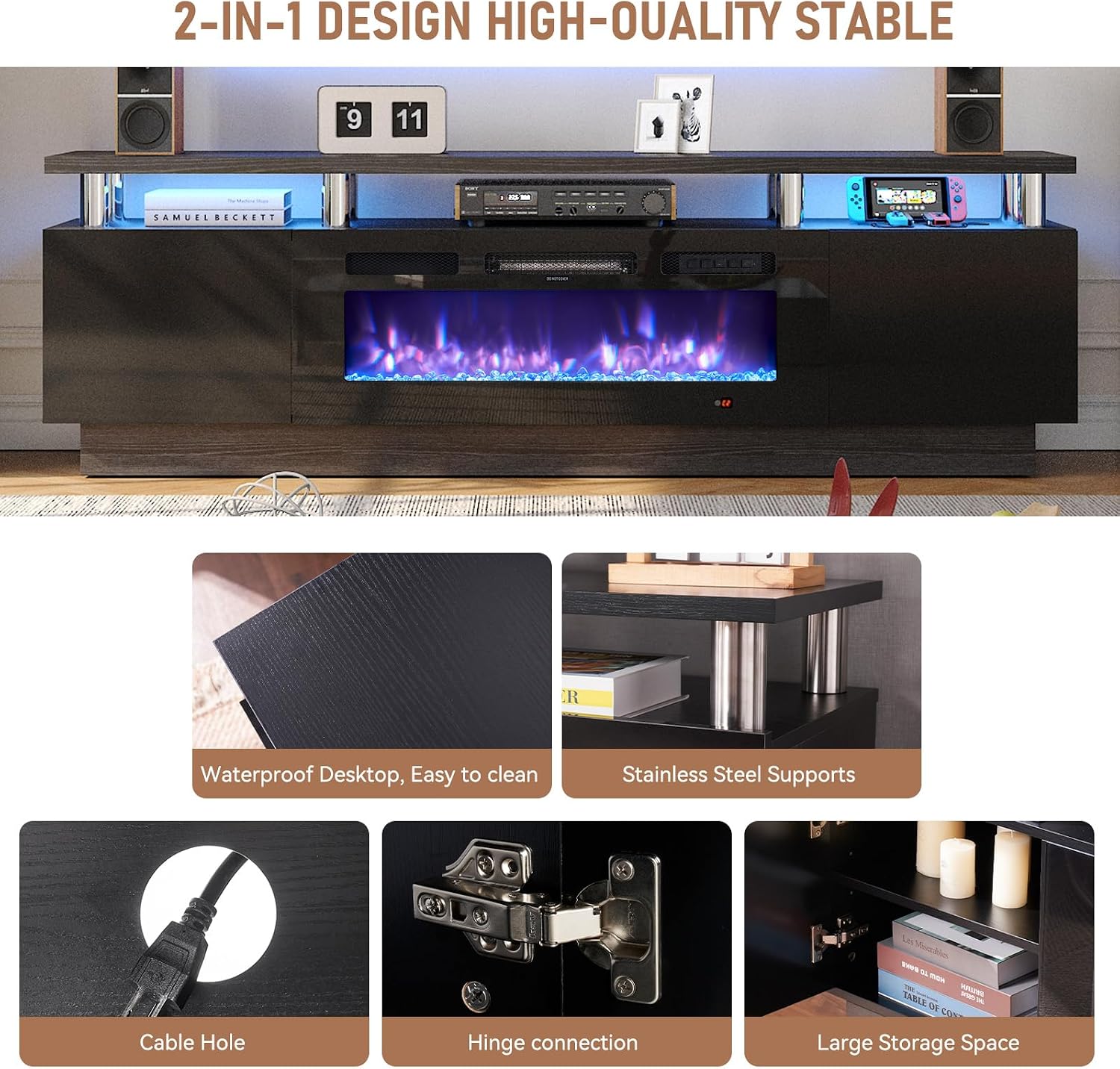MXV 70' Fireplace TV Stand, Modern Entertainment Center & 36 Inch Electric Fireplace with Remote Control, LED Light, Fire Place Tv Stand for Living Room for TVs up to 80', Black + Black