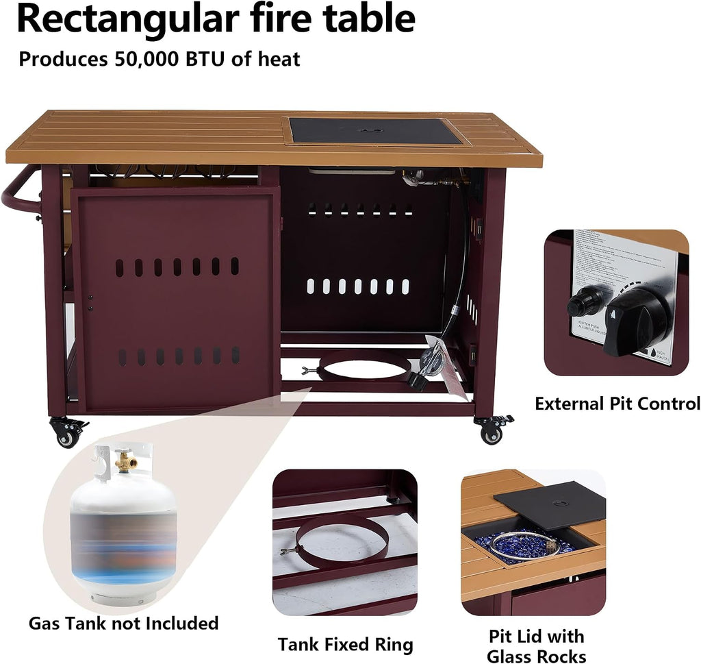 44' Propane Fire Pit, Outdoor Fire Pit Table with Cover, Outdoor Fireplace Gas Fire Pits for Outside Patio, Rectangular Firepit Table with Lid and Glass Rocks for Indoor/Deck/Backyard, Red