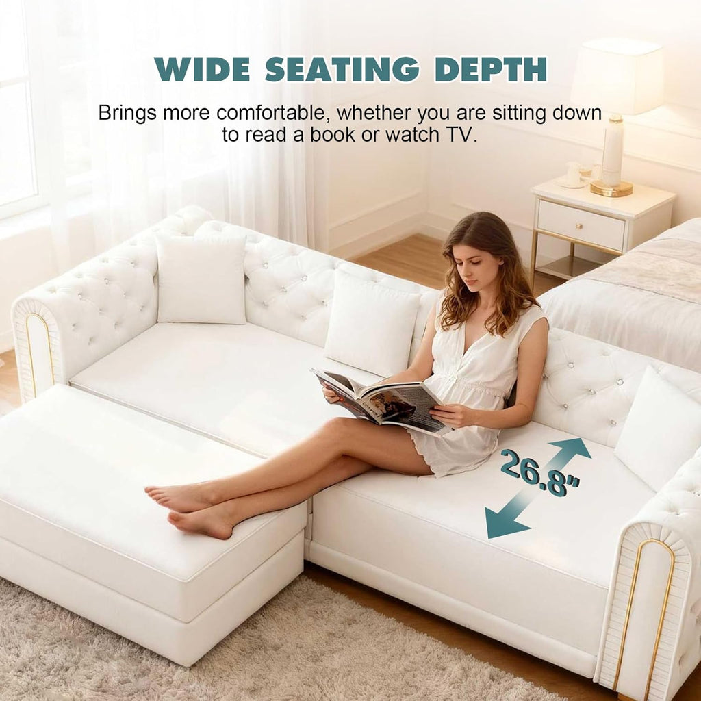 90.6' King Size Sleeper Sofa Bed, 3-in-1 Convertible Foldable Chesterfield Floor Couch with Ottoman, Oversized Velvet Button Tufted L Shaped Sofa for Living Room Small Spaces, Beige White