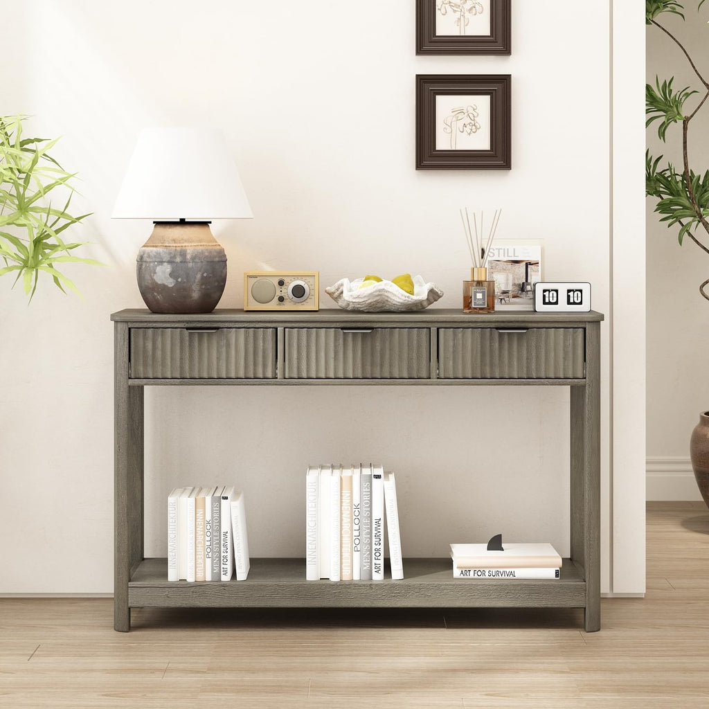 RUSTOWN Fluted Wood Console Table with 3 Drawers, 47.2' Modern Farmhouse Sofa Table & Entryway Table with Open Storage Shelf, Narrow Hallway Table for Living Room, Foyer and Hallway (Washed Oak)