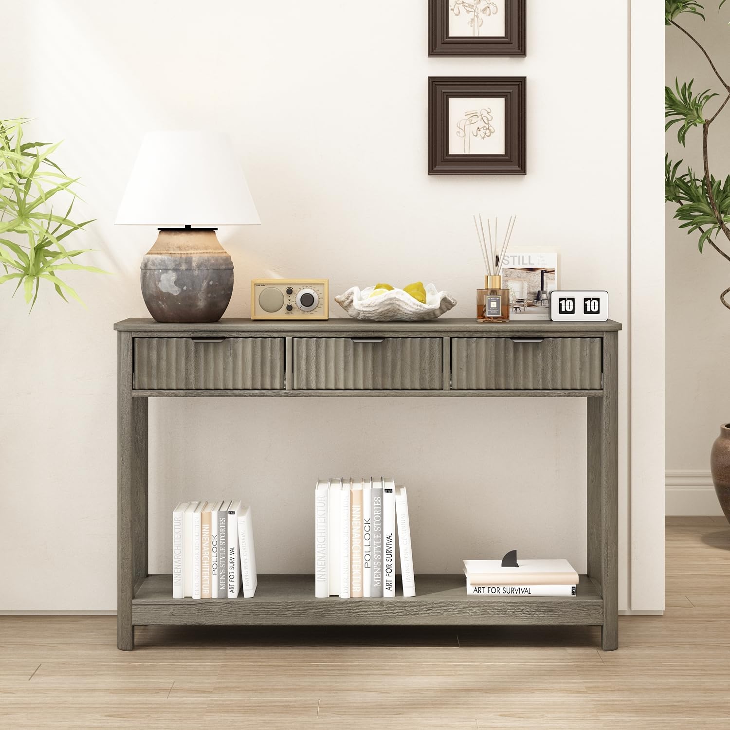 RUSTOWN Fluted Wood Console Table with 3 Drawers, 47.2' Modern Farmhouse Sofa Table & Entryway Table with Open Storage Shelf, Narrow Hallway Table for Living Room, Foyer and Hallway (Washed Oak)
