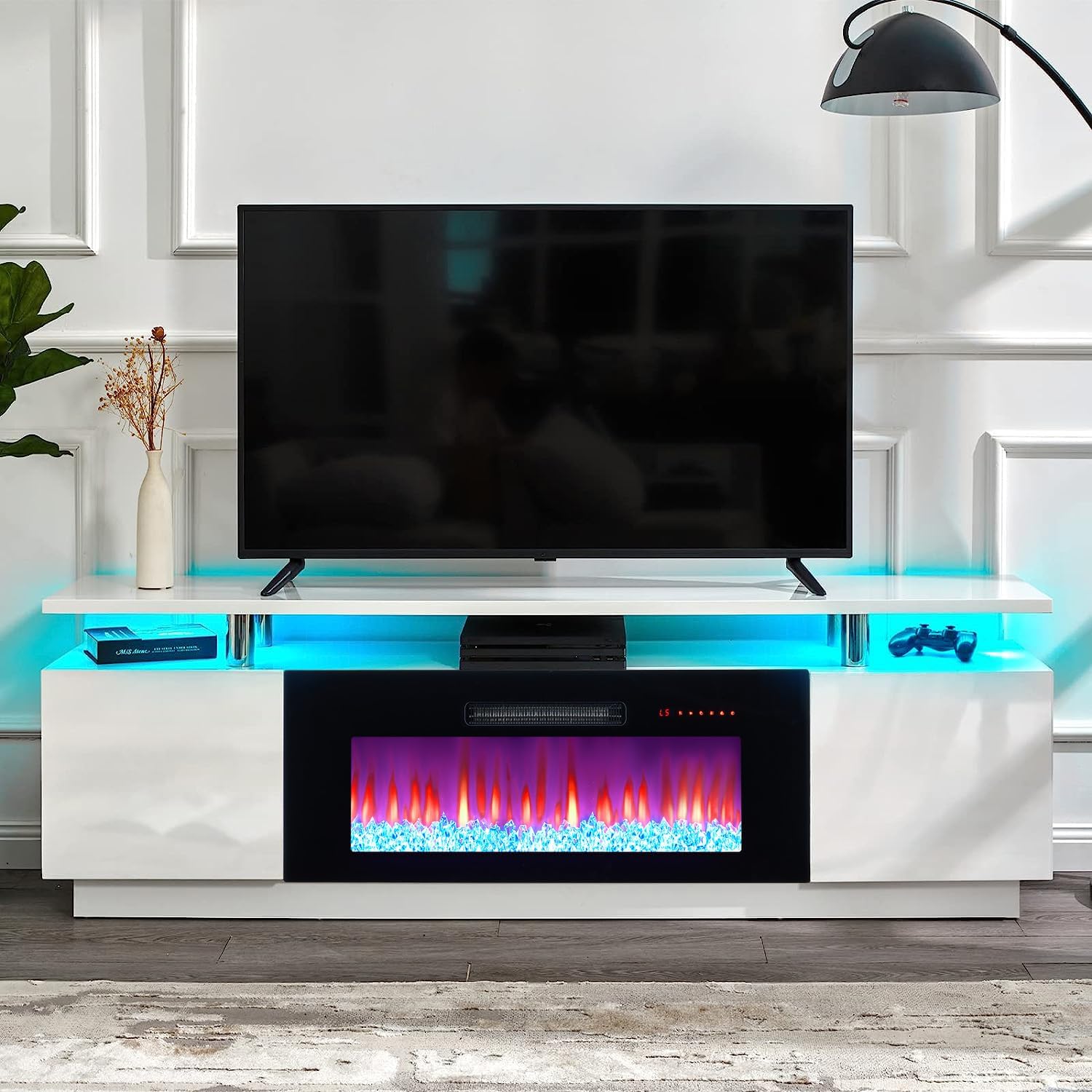 AMERLIFE Fireplace TV Stand with 36' Fireplace, 70' Modern Fireplace Entertainment Center LED Lights, 2 Tier TV Console Cabinet for TVs Up to 80', Ivory White