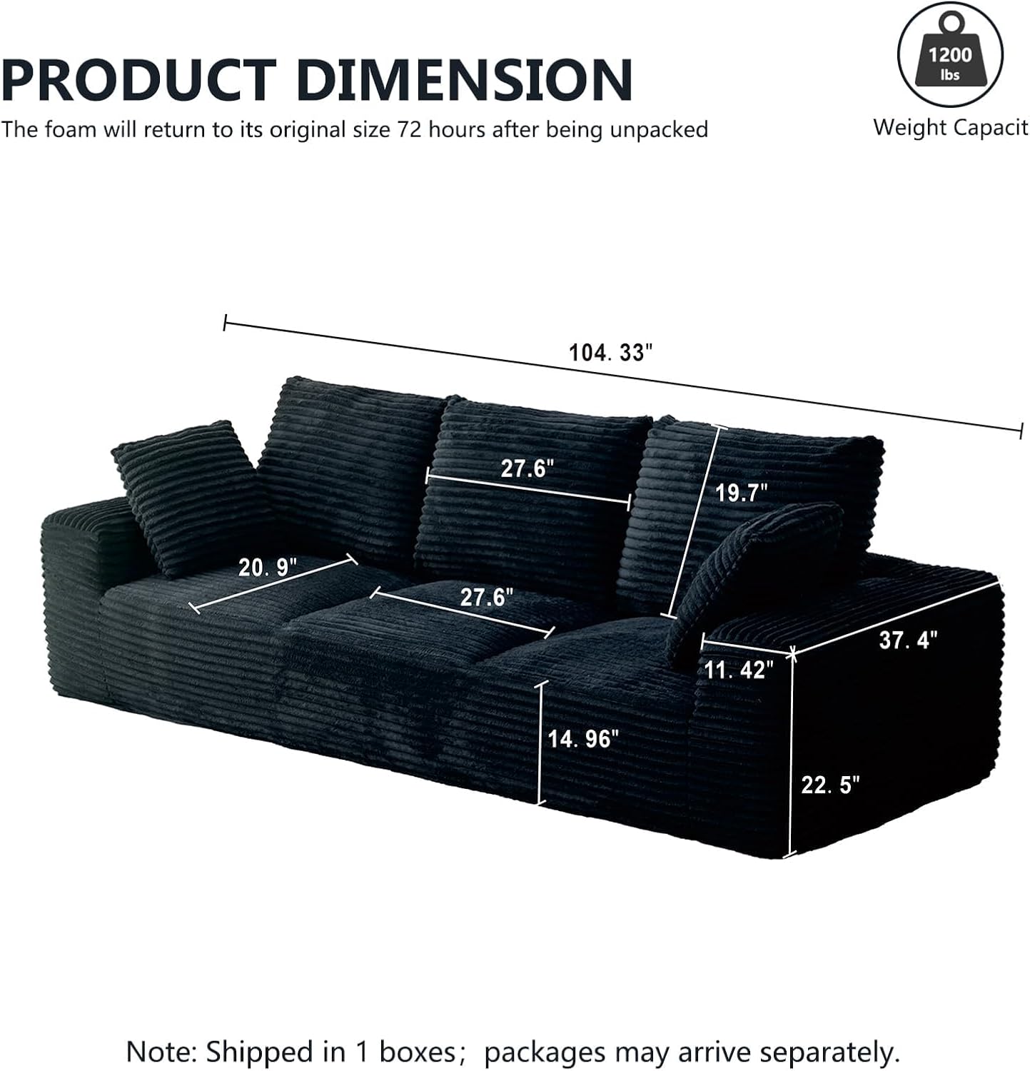 104.3' Modular Sectional Cloud Couch, Boneless Couches for Living Room, 3 Seater Modern Lounge Couch, No Assembly Required, Black