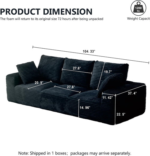 104.3' Modular Sectional Cloud Couch, Boneless Couches for Living Room, 3 Seater Modern Lounge Couch, No Assembly Required, Black