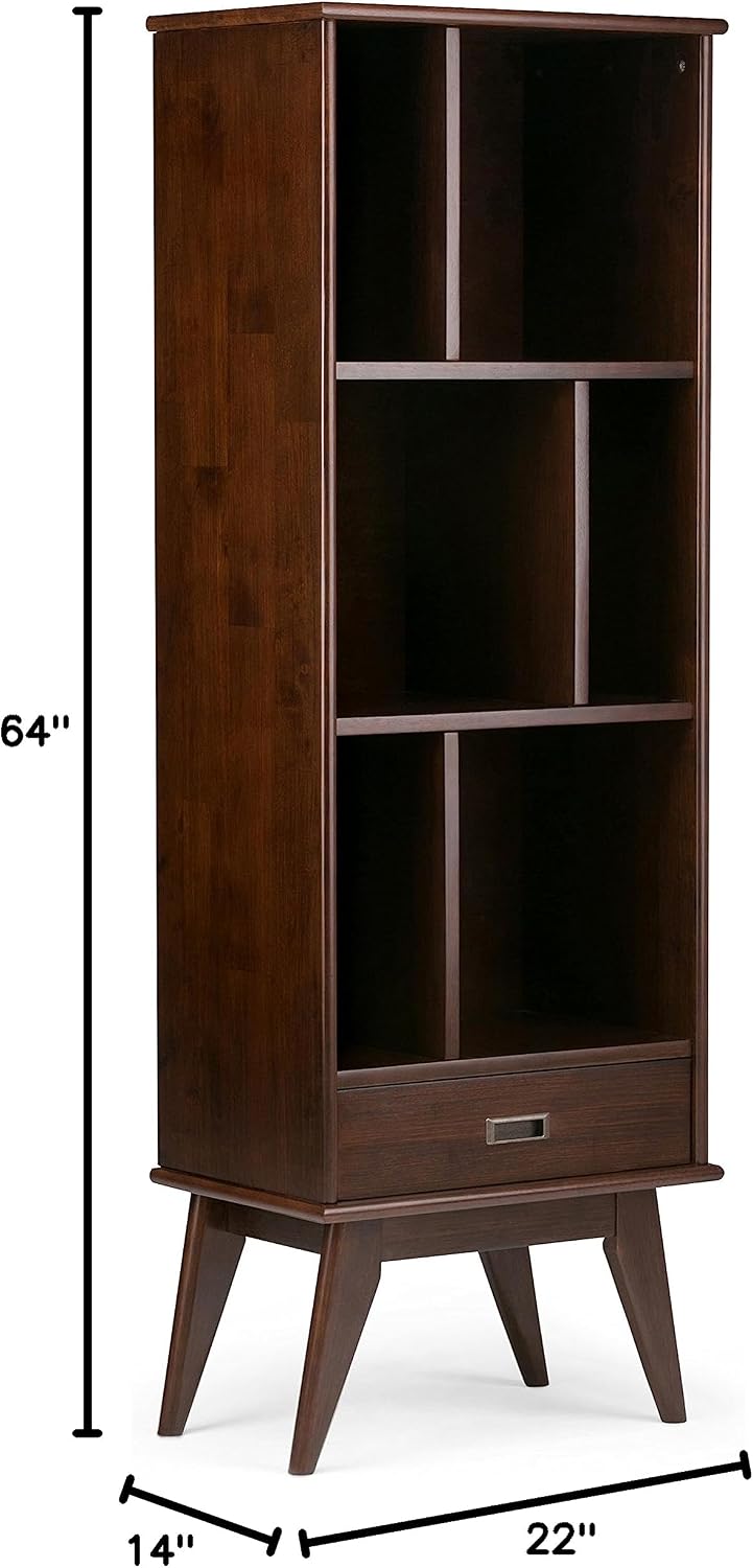 SIMPLIHOME Draper Bookcase - 64 inch Tall Solid Wood Storage Bookshelf in Medium Auburn Brown, Mid-Century Modern Storage for Living Room, Study or Office with Adjustable Shelves and Angled Legs