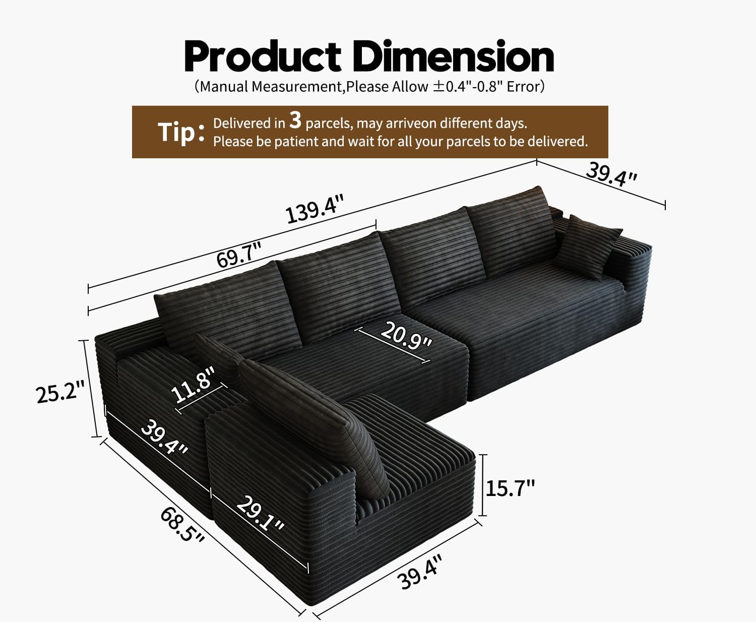 139.4' Modular Sectional Sofa, L-Shaped Minimalist Couches with Middle Seat Chaise, Modern Deep Seat Convertible Sleeper Sofa,Cloud Plush Corduroy Fabric, No Assembly Required, 5 Seater, Black