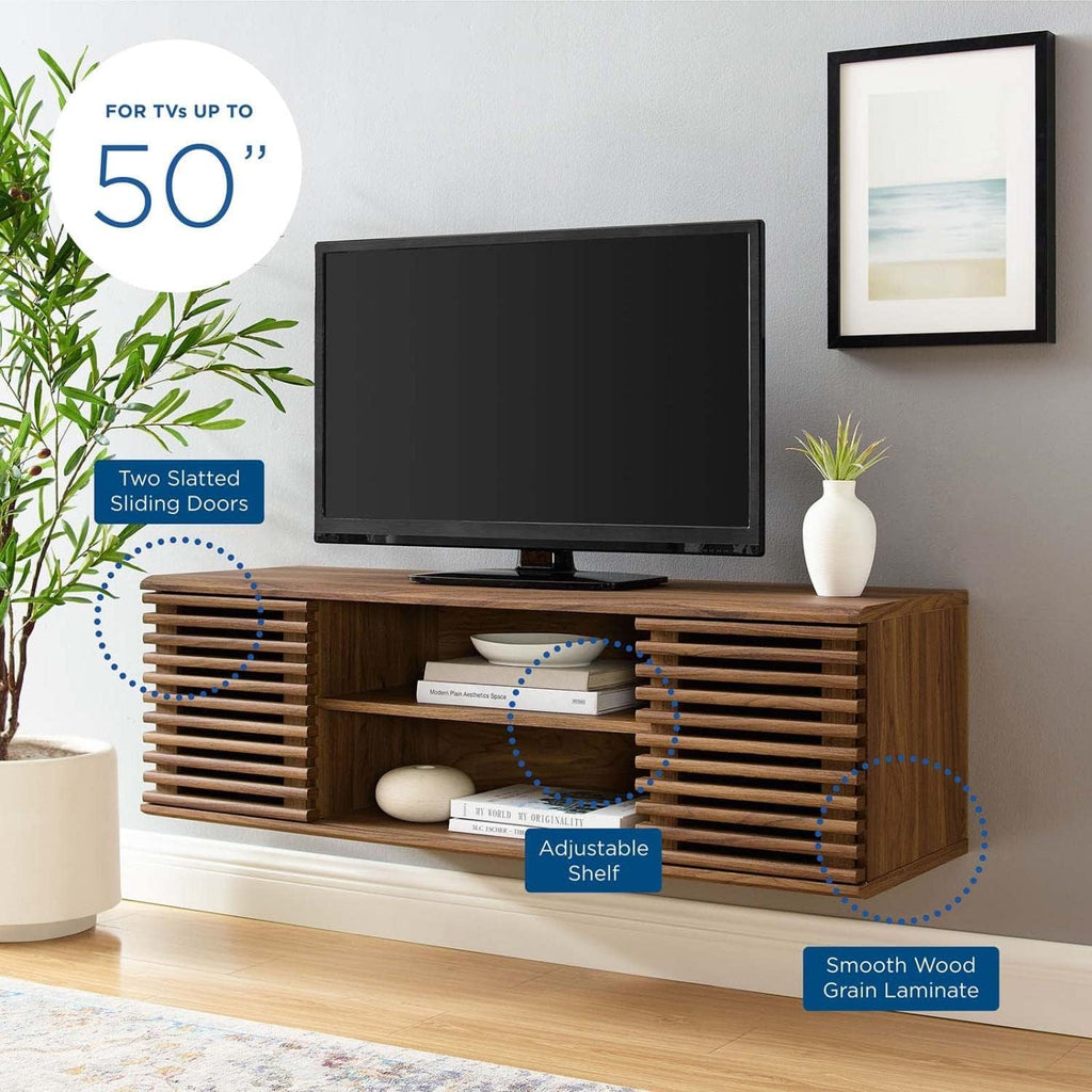 Modway Render 46' Mid-Century Modern Wall Mount Media Console TV Stand, 46 Inch, Walnut