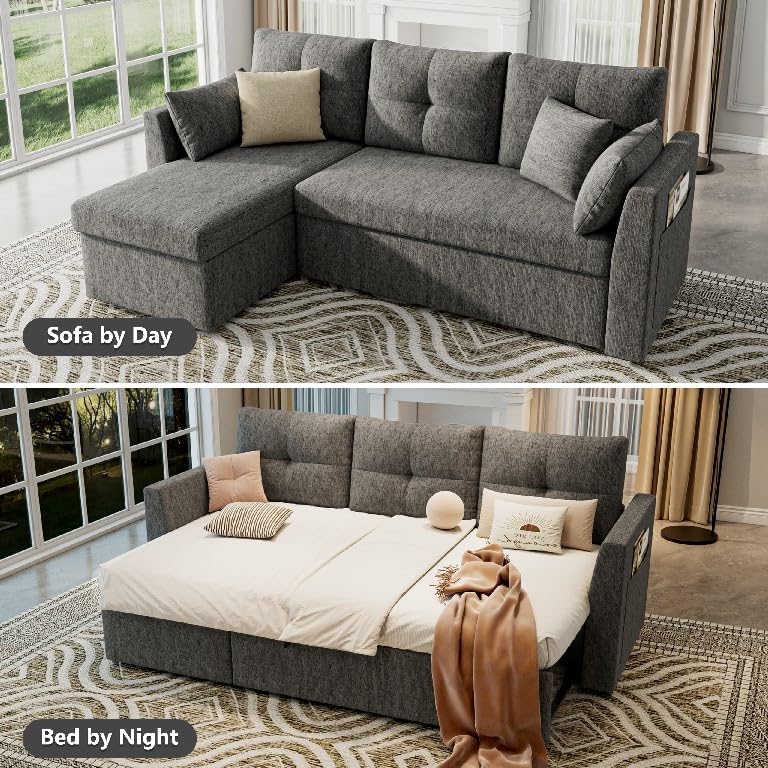 Huatean Home Sleeper Sofa Couch, 2 in 1 Sectional Sleeper Couch Bed with Side Pocket, Pullout Sofa Bed with Storage Chaise for Living Room, Dark Grey