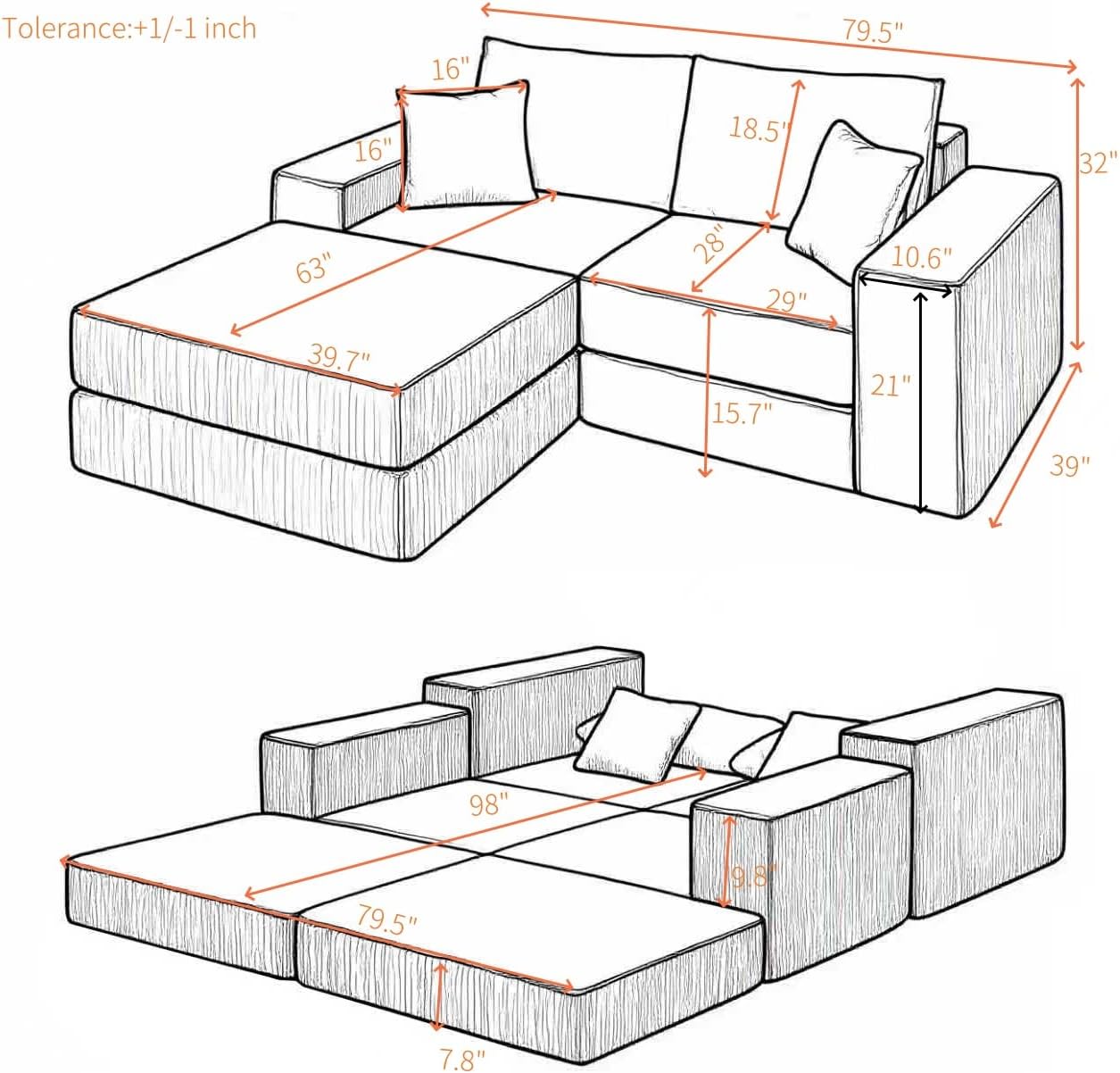 80 Inches Modular Sectional Loveseat Sofa, Cloud Boneless Couch with Non-Slip Base, Modern Sleeper Sofa Bed for Living Room, Small Spaces, No Assembly Required, Corduroy (Grey)