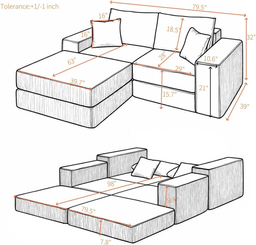 80 Inches Modular Sectional Loveseat Sofa, Cloud Boneless Couch with Non-Slip Base, Modern Sleeper Sofa Bed for Living Room, Small Spaces, No Assembly Required, Corduroy (Orange)