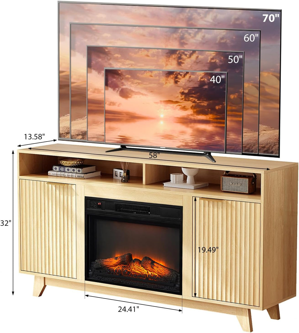 Bonnlo 58' Electric Fireplace TV Stand for 70-Inch TVs - Modern Media Console with Adjustable Shelves, Open Storage, Built-in Heater & 6 Flame Colors, Finish - Perfect for Living Room & Bedroom, Oak