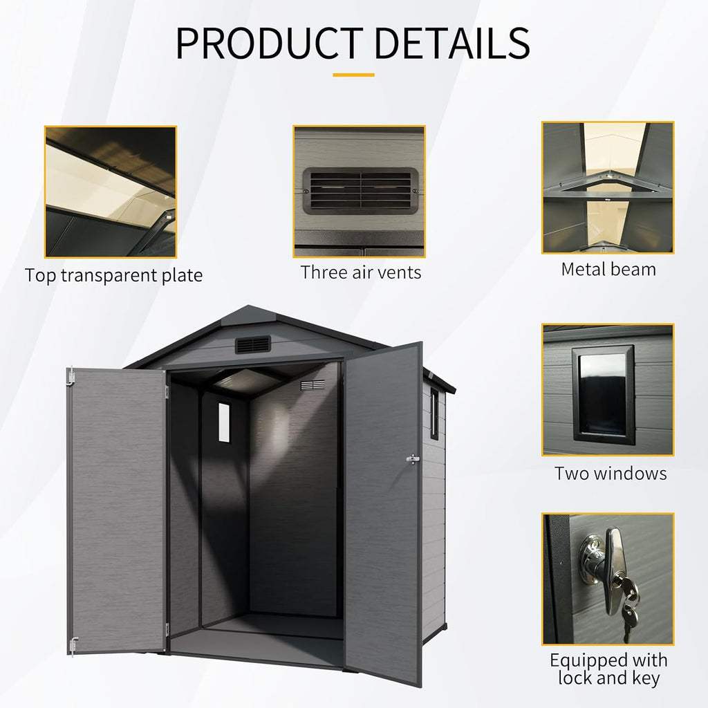 KEIKI 6x6 FT Outdoor Storage Shed Upgraded Polypropylene Frame Resin Cabinet,Sloped Roof with Two-Window and Double Lockable Door for Patio Backyard Tools