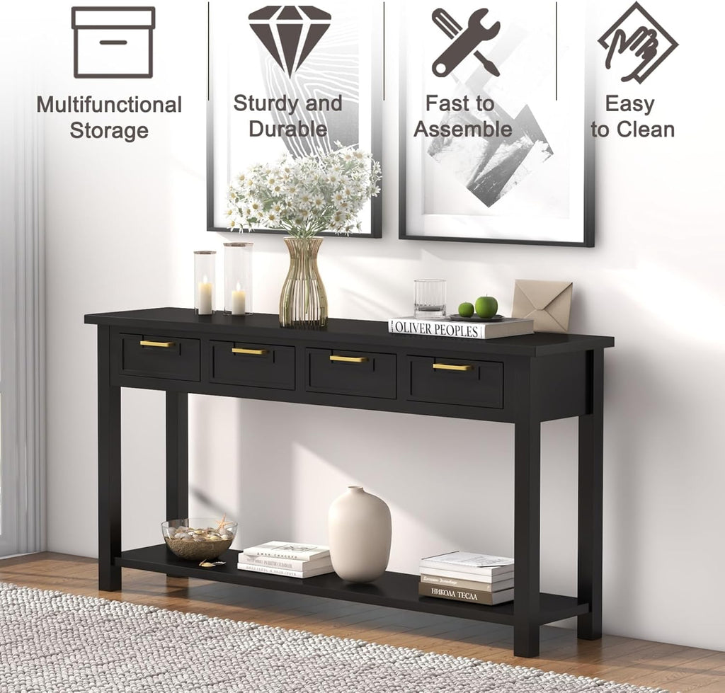 Kinfant Solid Wood Console Table - Entryway Table with 4 Drawers and a Bottom Storage Shelf, 60 Inch Narrow Long Sofa Table for Living Room, Hallway, Front Hall, Couch, Black