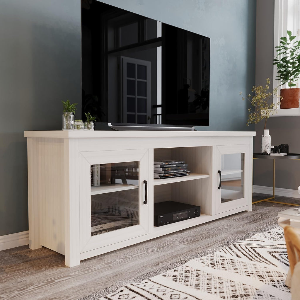 Flash Furniture Sheffield Engineered Wood TV Stand for 80' TVs, Media Console/TV Cabinet with 3 Adjustable Shelves and Glass Doors, White Wash Finish