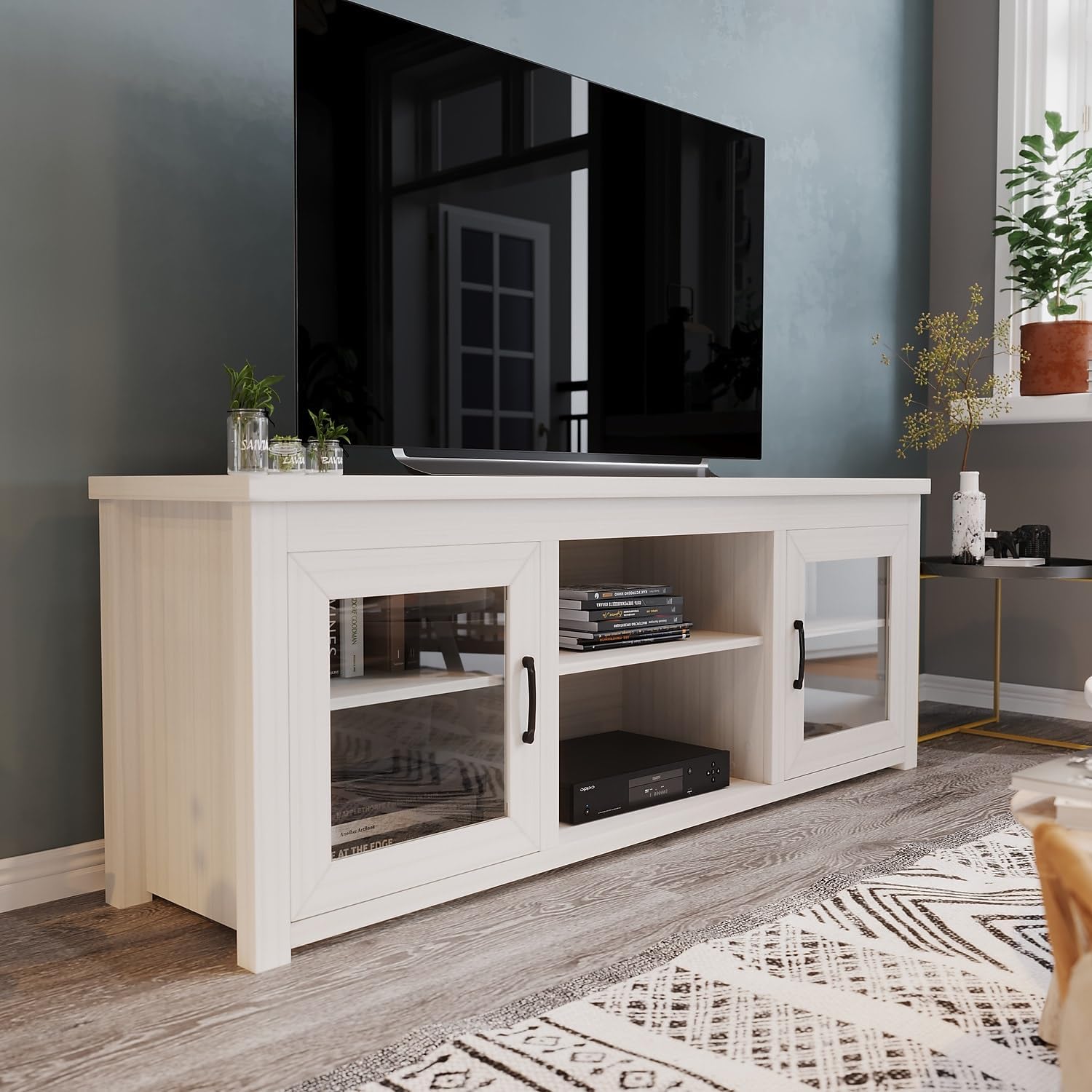 Flash Furniture Sheffield Engineered Wood TV Stand for 80' TVs, Media Console/TV Cabinet with 3 Adjustable Shelves and Glass Doors, White Wash Finish