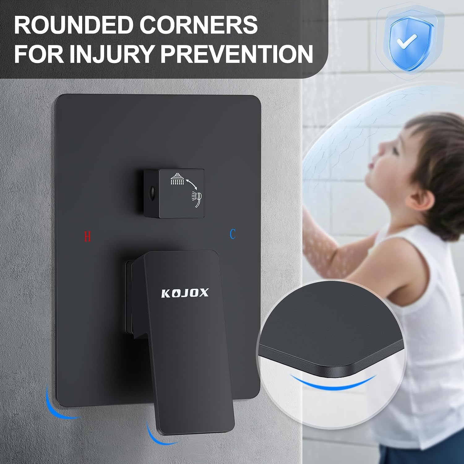 KOJOX Matte Black Ceiling Shower Fixture with 12 Inch Rainfall Shower head and Handheld Head, Bathroom Shower Faucet Set Trim Kit with Mixer Valve