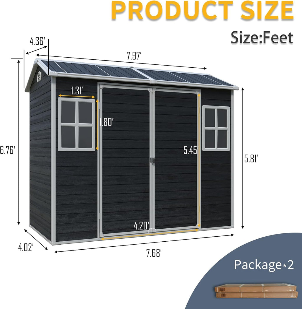JT 8 x 4 FT Resin Storage Shed, Waterproof Garden Shed with Floor, 2 Windows, Lockable Door and Vent, Outdoor Sheds for Backyard,Tools and Lawn Mower (Black)