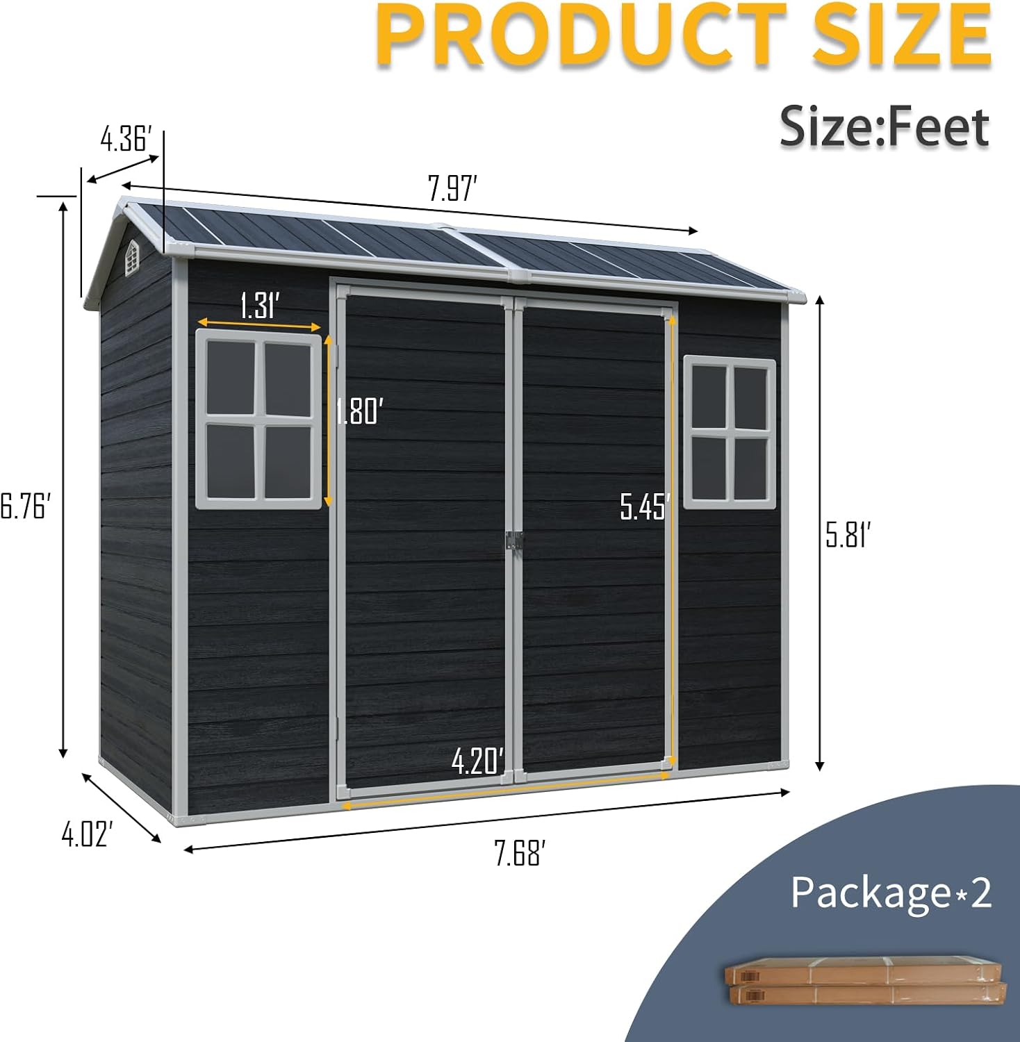 JT 8 x 4 FT Resin Storage Shed, Waterproof Garden Shed with Floor, 2 Windows, Lockable Door and Vent, Outdoor Sheds for Backyard,Tools and Lawn Mower (Black)